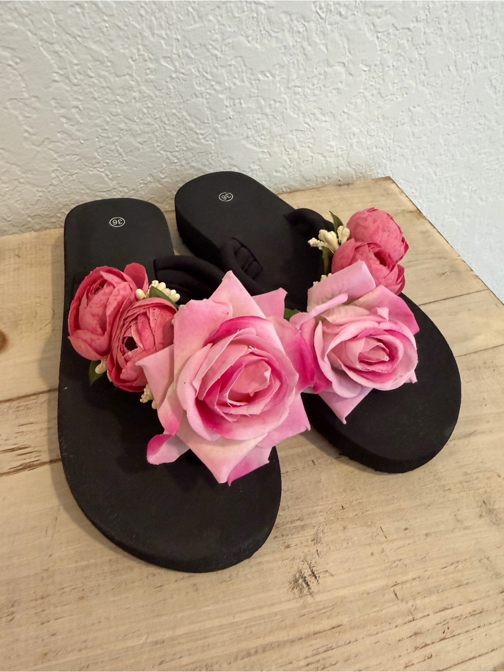 Black Sandals with Pink Floral Accents